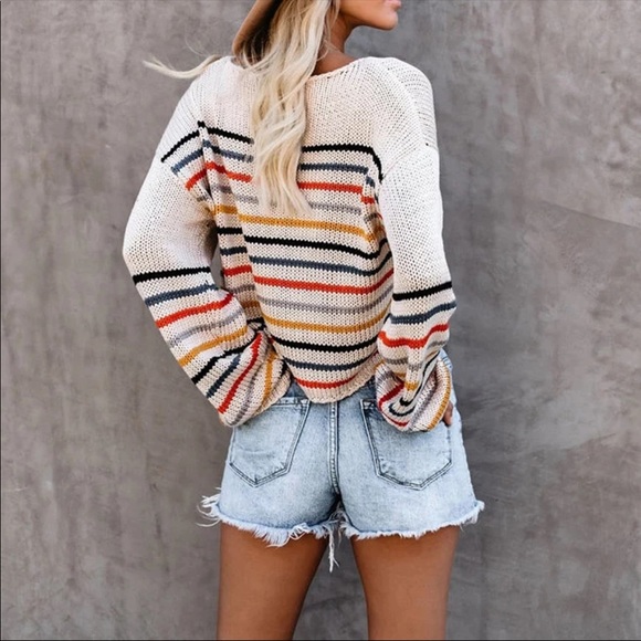 Rainbow Striped Boho Knit Sweater Cream Gypsy - Picture 4 of 8